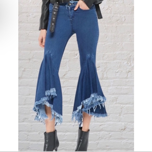 Kikiriki Fit & Flare Blue Boho Raw Hem Ruffle Denim Jeans size Medium - Picture 1 of 11